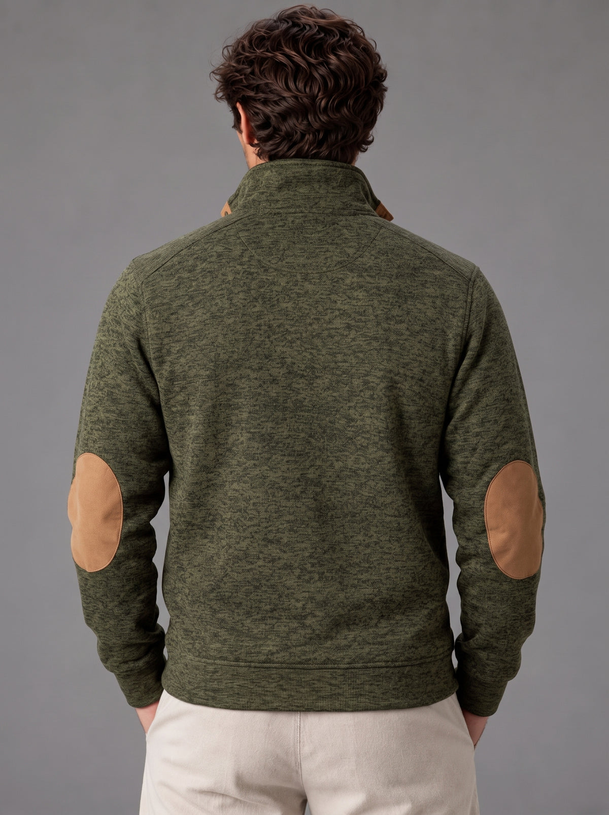 Thomas | Men’s Button-Neck Jumper | Stand Collar Elbow Patches Everyday Wear - forest green, image 15 - Glorysoul