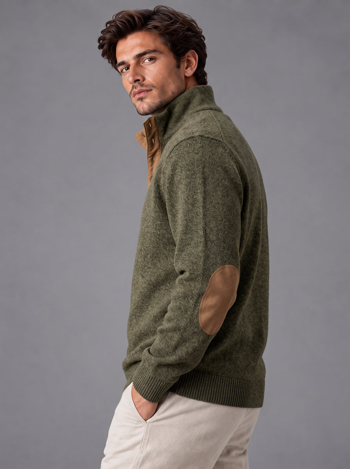 Thomas | Men’s Button-Neck Jumper | Stand Collar Elbow Patches Everyday Wear - forest green, image 16 - Glorysoul