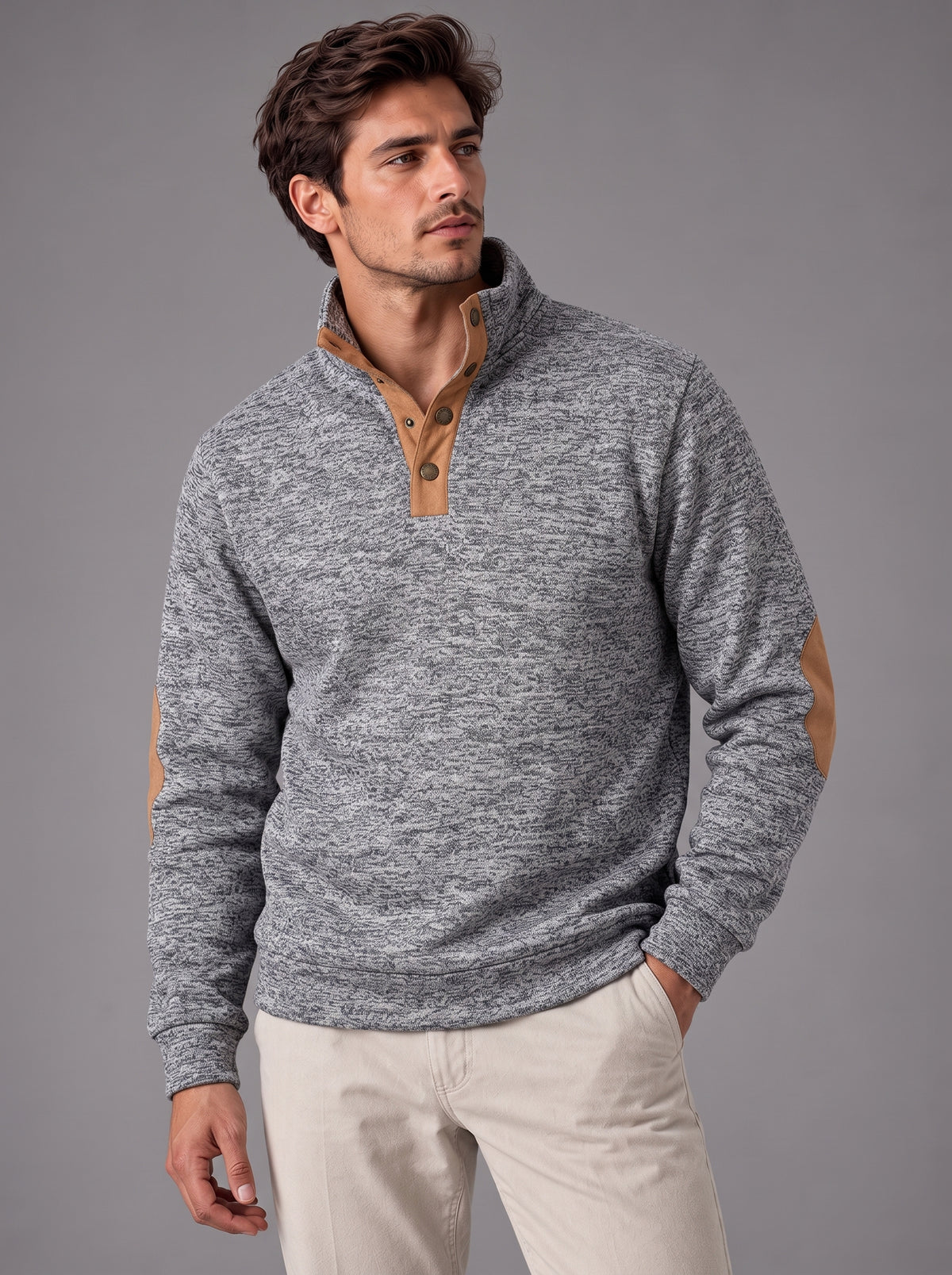 Thomas | Men’s Button-Neck Jumper | Stand Collar Elbow Patches Everyday Wear - light grey, image 09 - Glorysoul