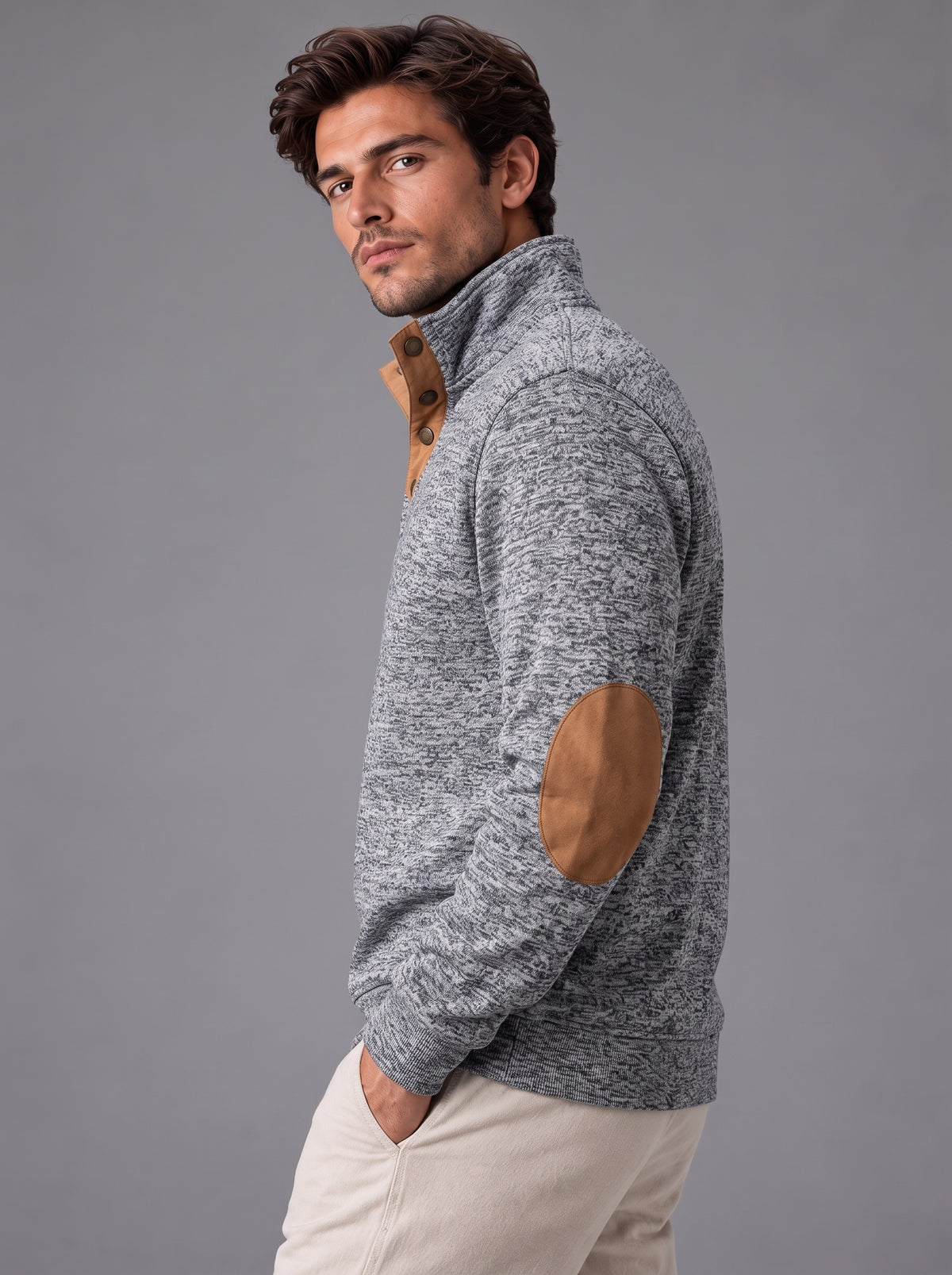 Thomas | Men’s Button-Neck Jumper | Stand Collar Elbow Patches Everyday Wear - light grey, image 10 - Glorysoul