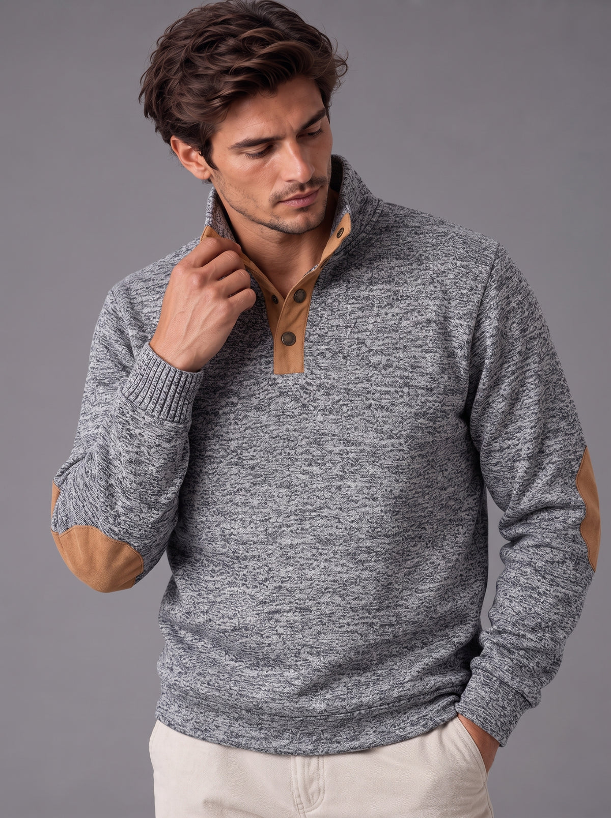 Thomas | Men’s Button-Neck Jumper | Stand Collar Elbow Patches Everyday Wear - light grey, image 11 - Glorysoul