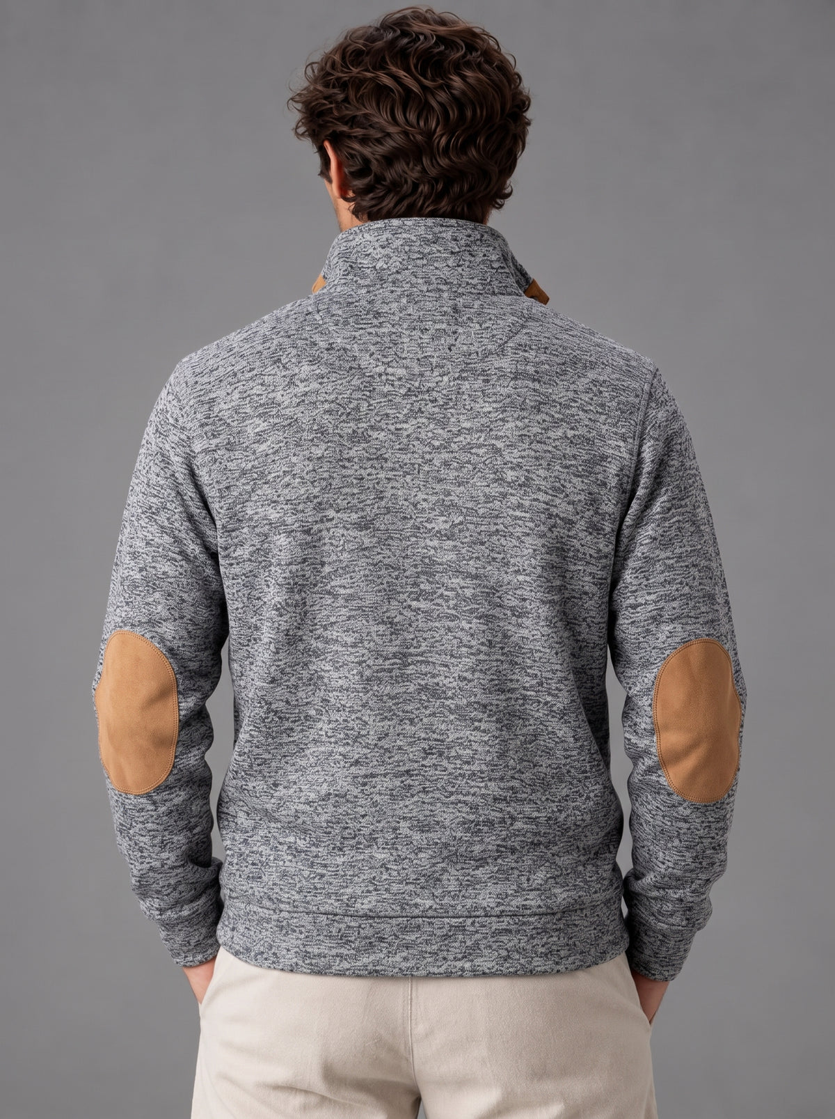 Thomas | Men’s Button-Neck Jumper | Stand Collar Elbow Patches Everyday Wear - light grey, image 12 - Glorysoul