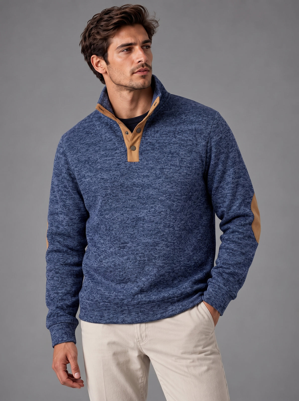Thomas | Men’s Button-Neck Jumper | Stand Collar Elbow Patches Everyday Wear - navy blue, image 05 - Glorysoul