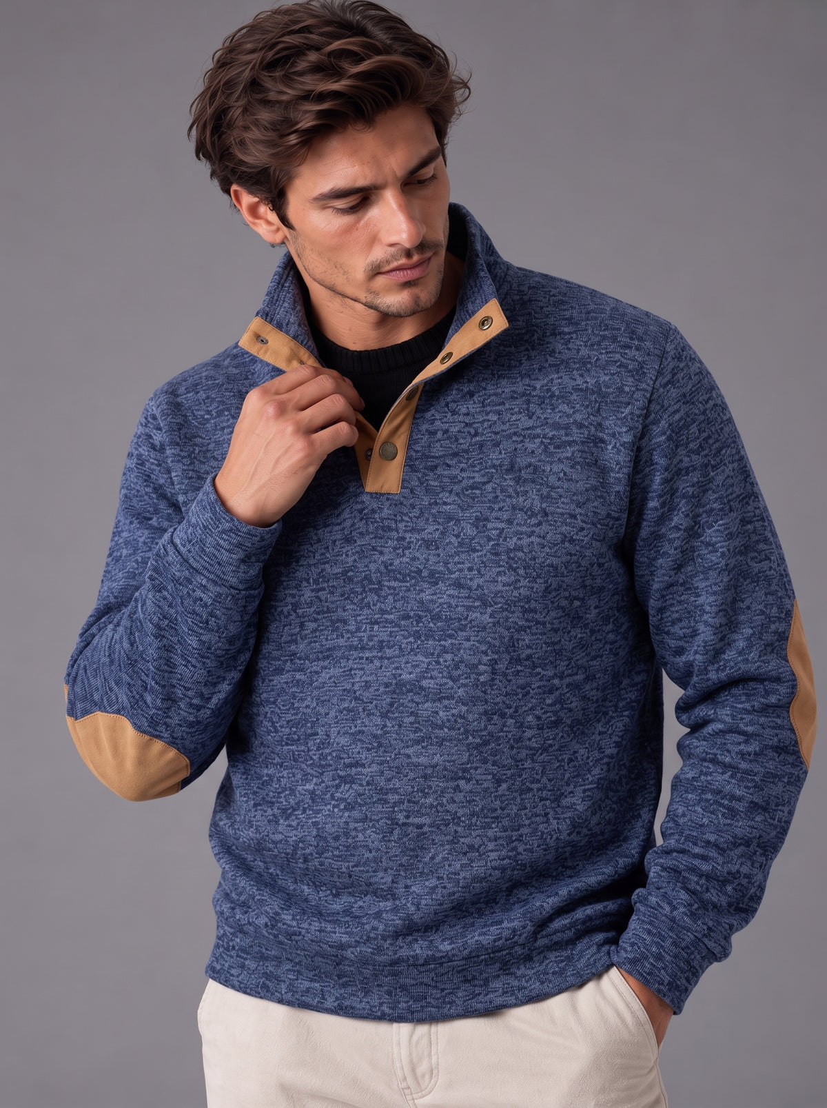 Thomas | Men’s Button-Neck Jumper | Stand Collar Elbow Patches Everyday Wear - navy blue, image 06 - Glorysoul