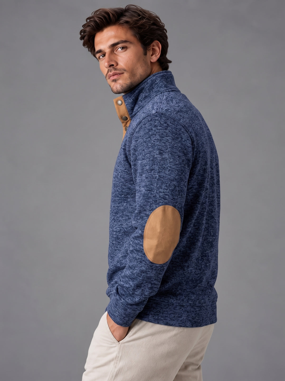 Thomas | Men’s Button-Neck Jumper | Stand Collar Elbow Patches Everyday Wear - navy blue, image 07 - Glorysoul