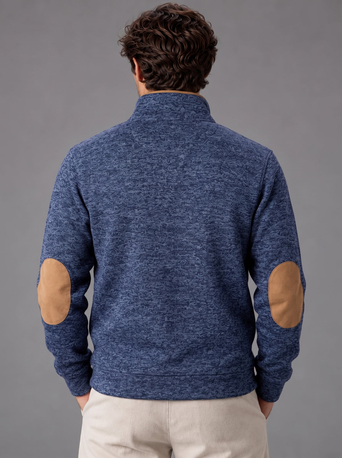 Thomas | Men’s Button-Neck Jumper | Stand Collar Elbow Patches Everyday Wear - navy blue, image 08 - Glorysoul