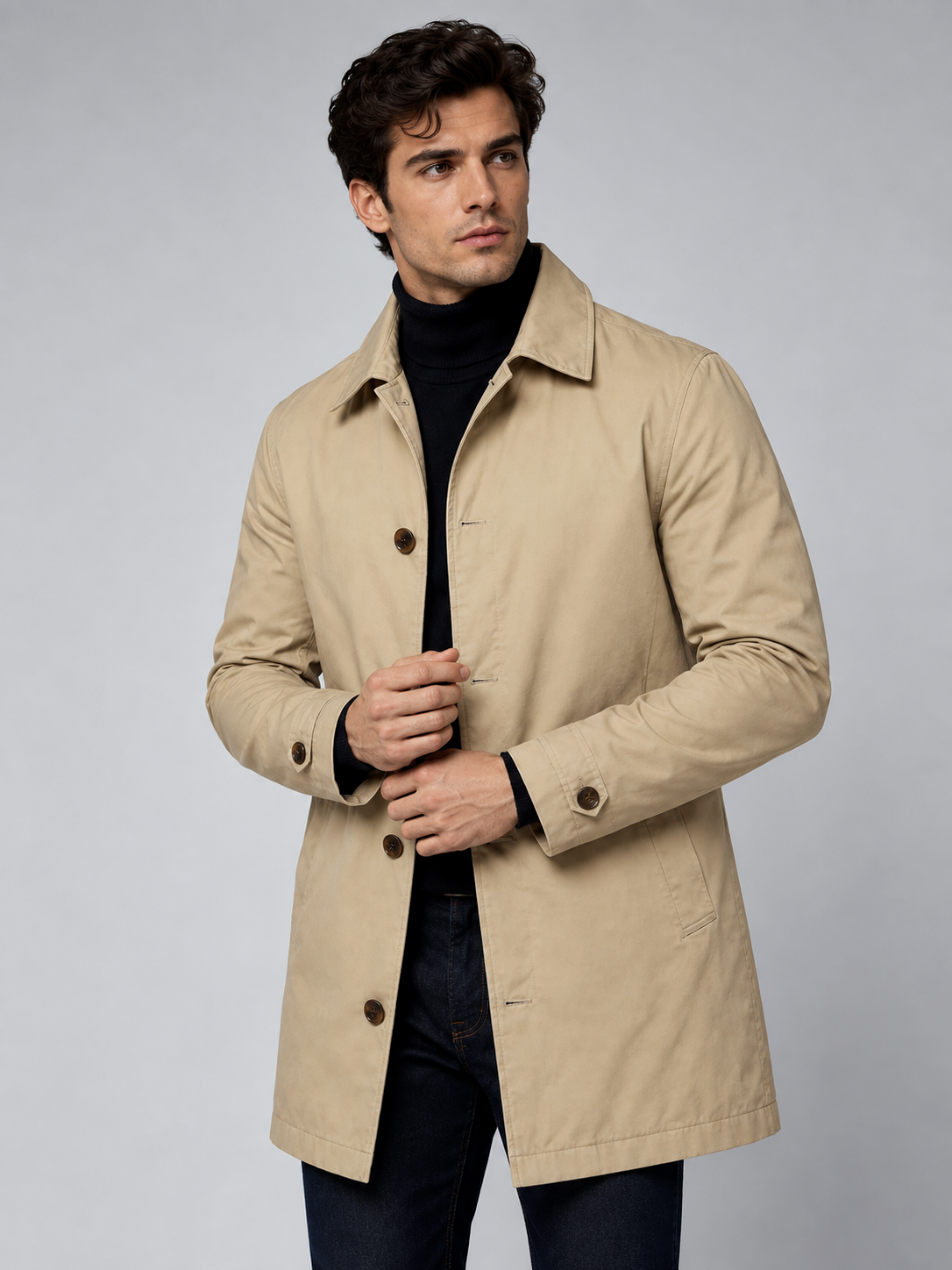William | Men’s Button-Front Coat | Point Collar Side Pockets Everyday Wear - beige, model view, image 01 - Glorysoul
