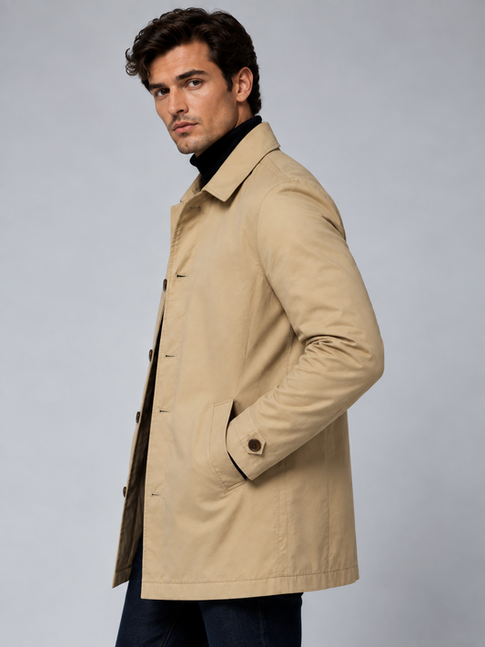 William | Men’s Button-Front Coat | Point Collar Side Pockets Everyday Wear - beige, model view, image 02 - Glorysoul