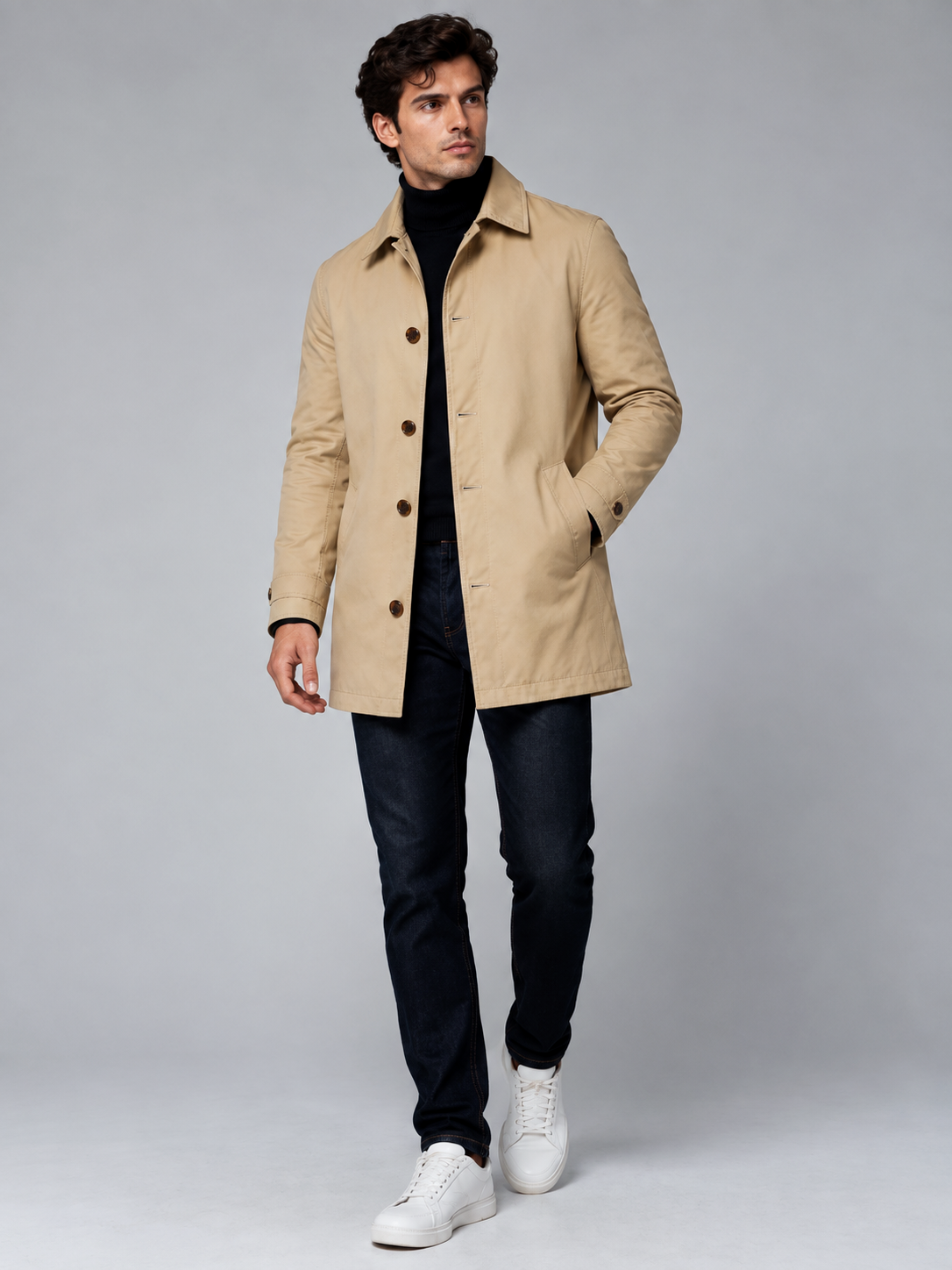William | Men’s Button-Front Coat | Point Collar Side Pockets Everyday Wear - beige, model view, image 04 - Glorysoul