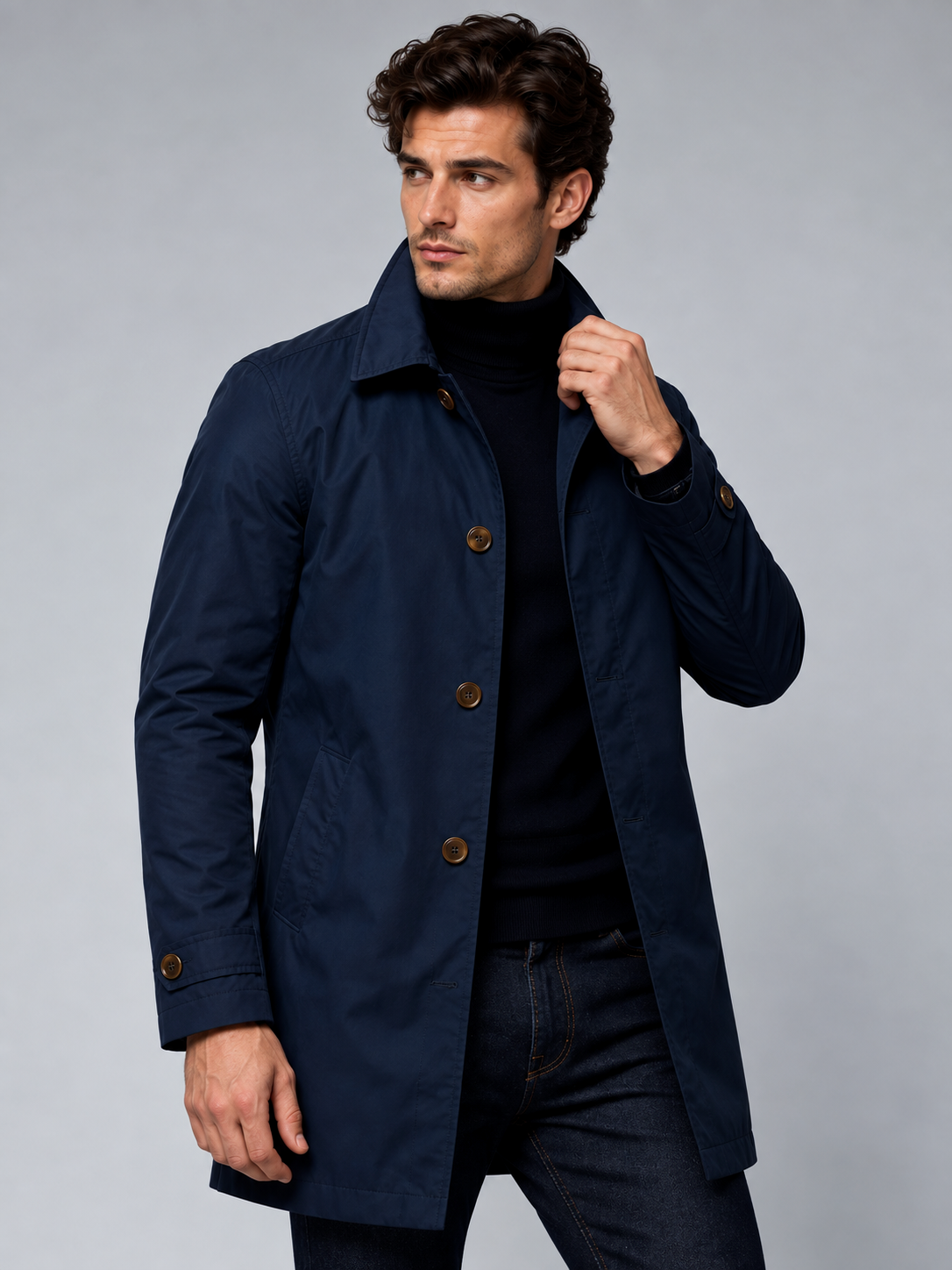 William | Men’s Button-Front Coat | Point Collar Side Pockets Everyday Wear - navy, model view, image 06 - Glorysoul