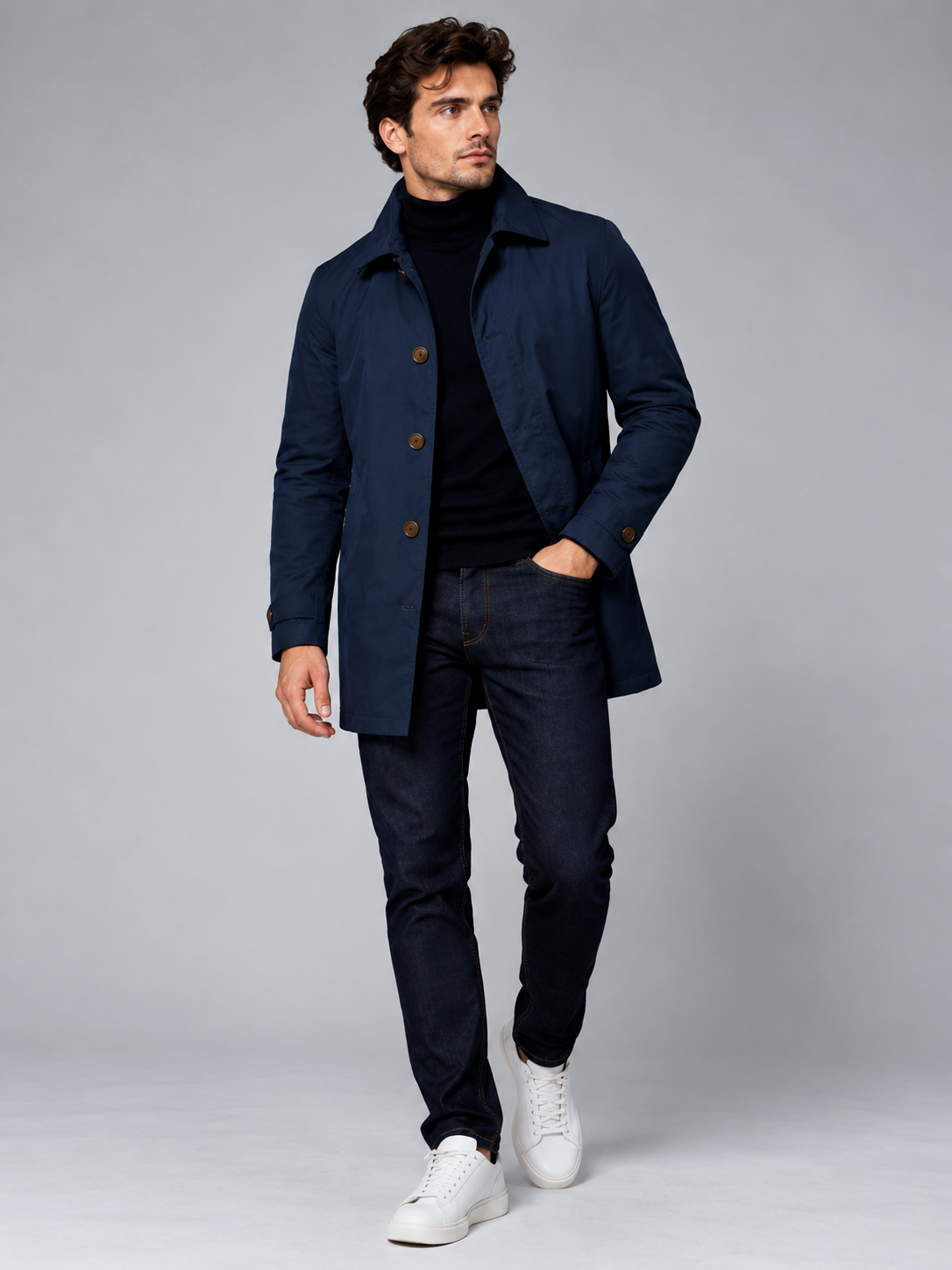 William | Men’s Button-Front Coat | Point Collar Side Pockets Everyday Wear - navy, model view, image 08 - Glorysoul