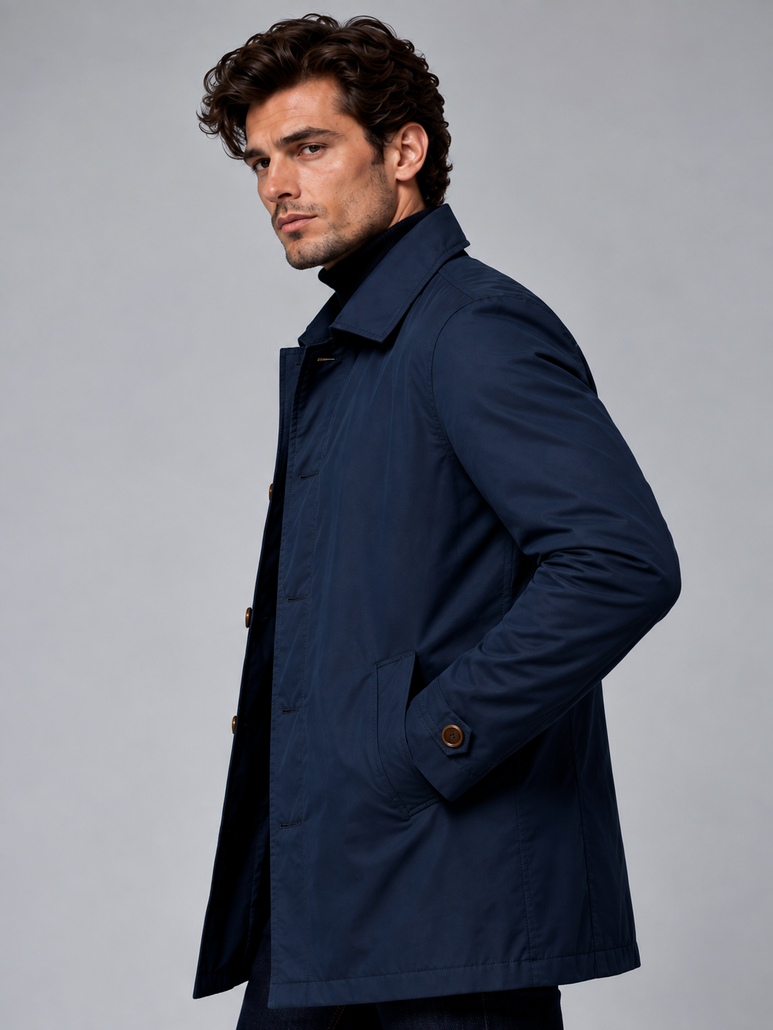 William | Men’s Button-Front Coat | Point Collar Side Pockets Everyday Wear - navy, model view, image 10 - Glorysoul