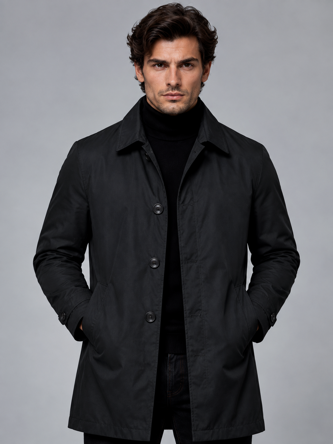 William | Men’s Button-Front Coat | Point Collar Side Pockets Everyday Wear - black, model view, image 11 - Glorysoul