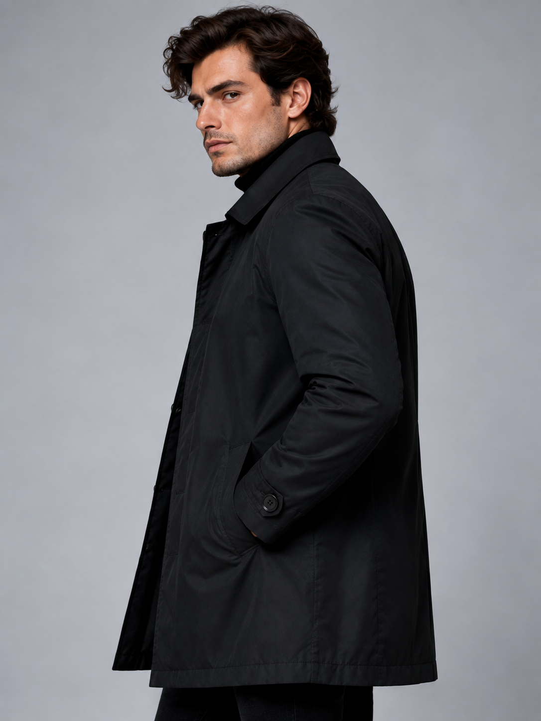 William | Men’s Button-Front Coat | Point Collar Side Pockets Everyday Wear - black, model view, image 12 - Glorysoul