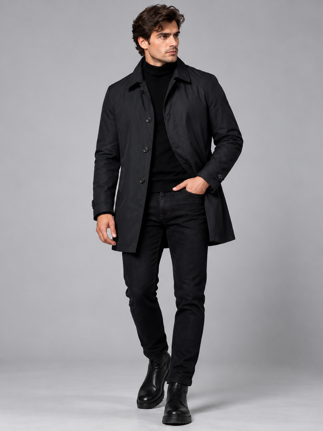 William | Men’s Button-Front Coat | Point Collar Side Pockets Everyday Wear - black, model view, image 13 - Glorysoul