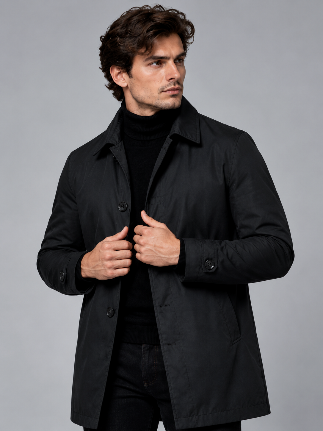 William | Men’s Button-Front Coat | Point Collar Side Pockets Everyday Wear - black, model view, image 14 - Glorysoul